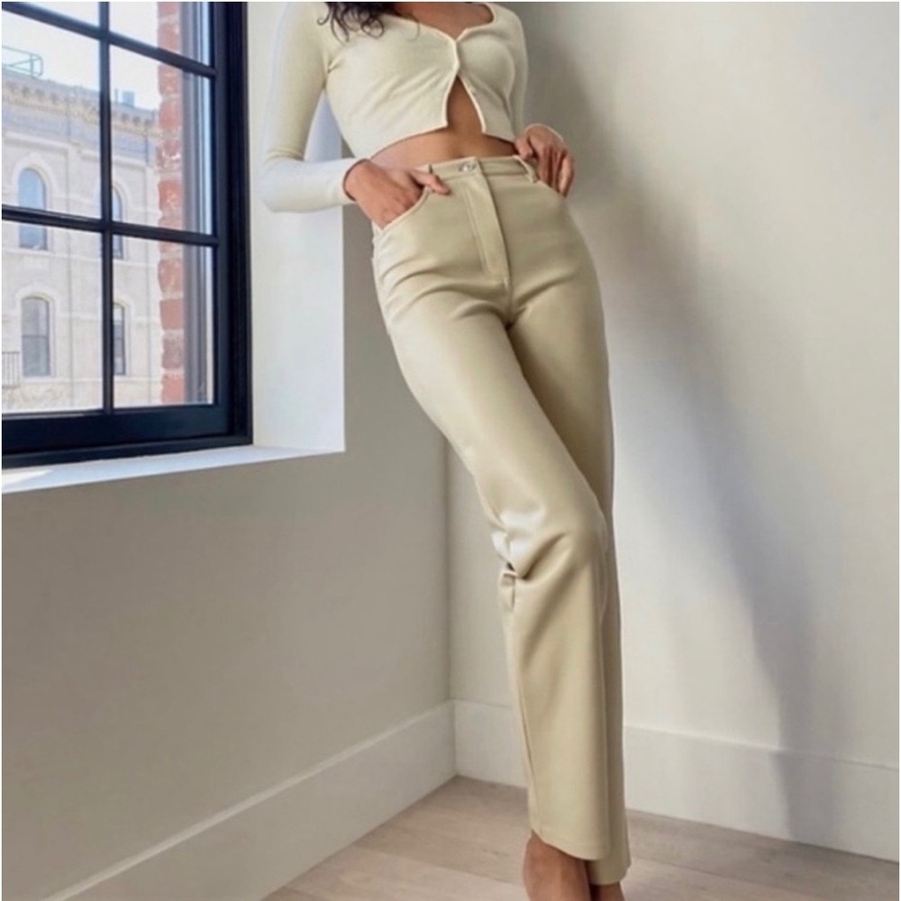 Wilfred Aritzia Melina Vegan Leather Pants High Waist Straight Leg Taupe Size 8